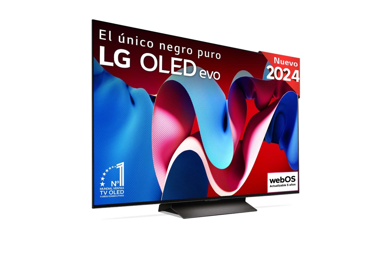 Vista frontal con LG OLED evo TV, OLED C4, emblema 11 Years of world number 1 OLED y logotipo del programa webOS Re:New en pantalla, así como la barra de sonido debajo