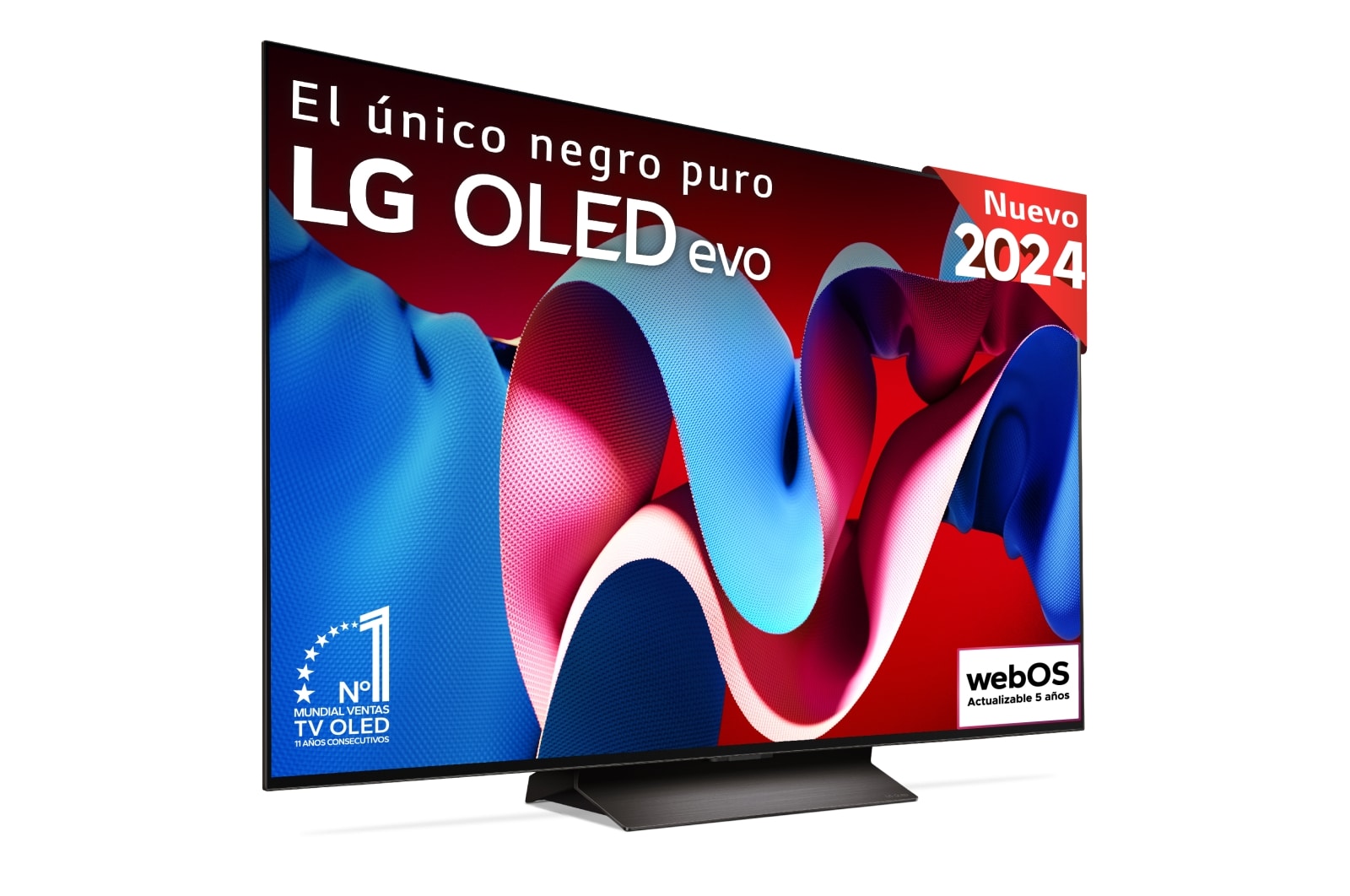 Vista frontal con la televisión LG OLED evo AI, la OLED C4, el logotipo de 11 a?os siendo el número 1 mundial de OLED y el logotipo del programa webOS Re:New en la pantalla, así como la Soundbar debajo