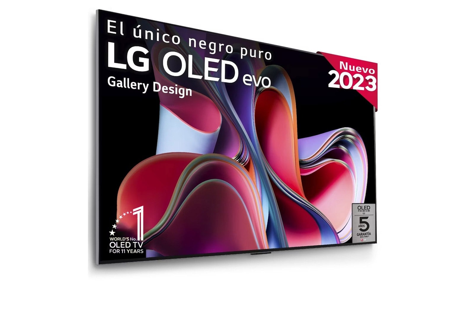 Front view with LG OLED evo, 10 Years World No.1 OLED Emblem, and 5-Year Panel Warranty logo on screen