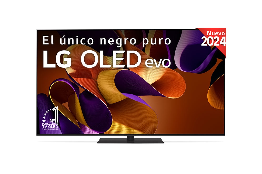 Vista frontal de un LG OLED evo AI TV, OLED G4, con el emblema “11 Years of world number 1 OLED”, el logotipo del programa webOS Re:New Program y el logotipo de la Garantía de 5 a?os en pantalla