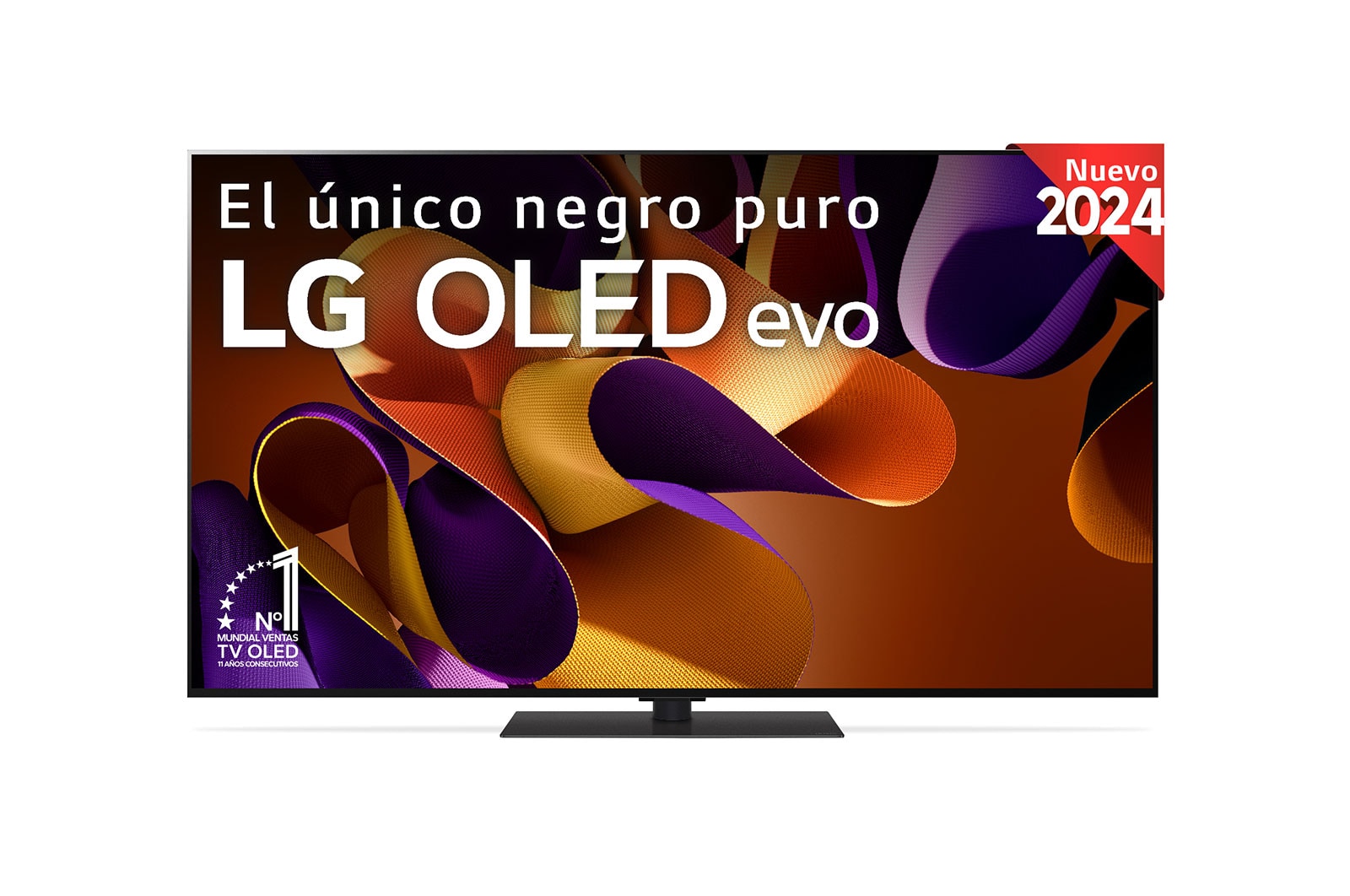 Vista frontal de un LG OLED evo AI TV, OLED G4, con el emblema “11 Years of world number 1 OLED”, el logotipo del programa webOS Re:New Program y el logotipo de la Garantía de 5 a?os en pantalla