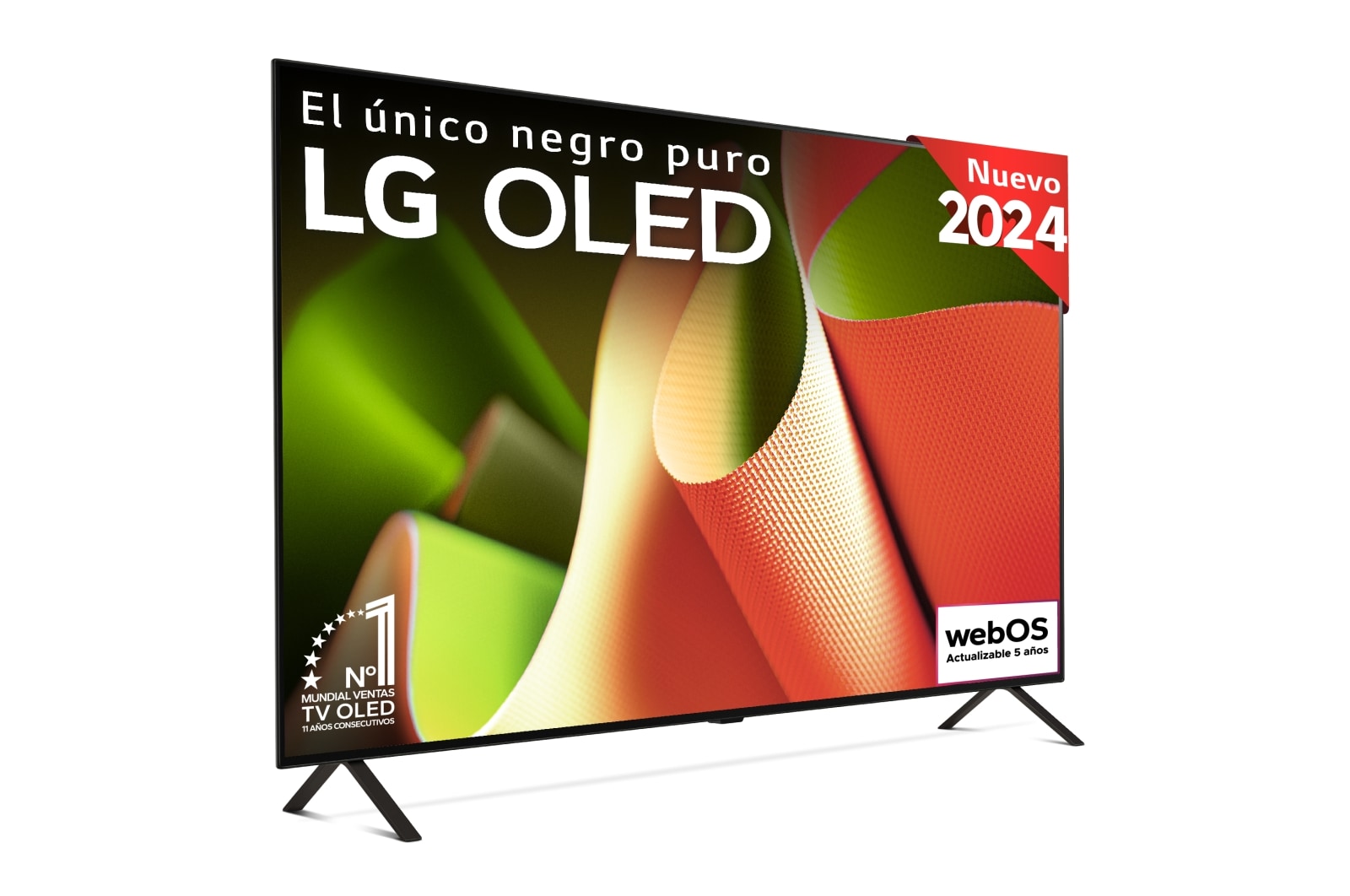Vista frontal con LG OLED TV, OLED AI B4, emblema 11 Years of world number 1 OLED y logotipo del programa webOS Re:New Program en pantalla con soporte de 2 patas
