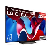 Vista frontal con la televisión LG OLED evo AI, la OLED C4, el logotipo de 11 a?os siendo el número 1 mundial de OLED y el logotipo del programa webOS Re:New en la pantalla, así como la Soundbar debajo
