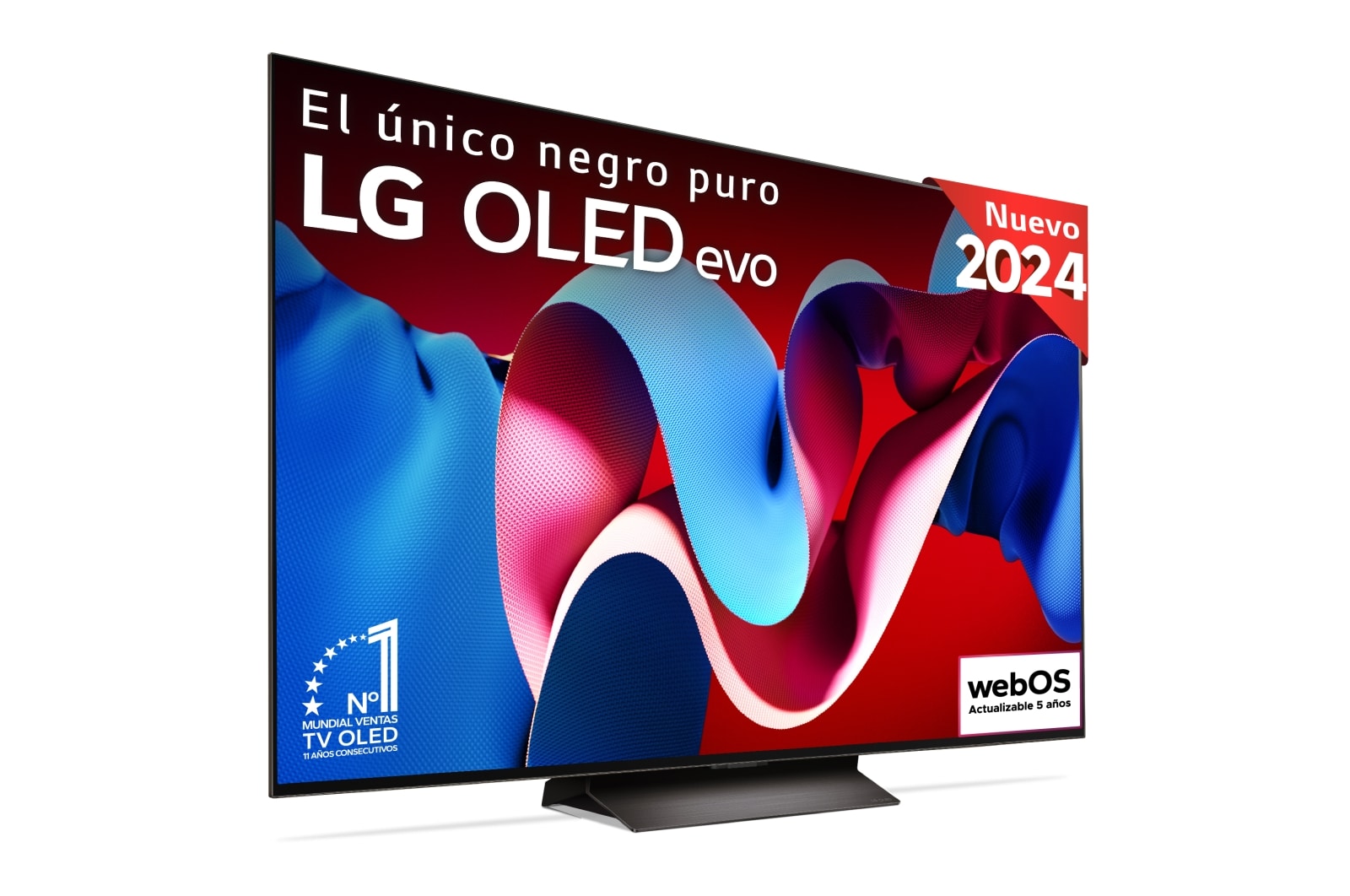 Vista frontal con la televisión LG OLED evo AI, la OLED C4, el logotipo de 11 a?os siendo el número 1 mundial de OLED y el logotipo del programa webOS Re:New en la pantalla, así como la Soundbar debajo