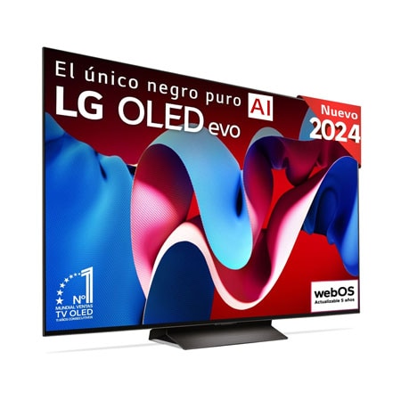  Vista frontal con la televisión LG OLED evo AI, la OLED C4, el logotipo de 11 a?os siendo el número 1 mundial de OLED y el logotipo del programa webOS Re:New en la pantalla, así como la Soundbar debajo