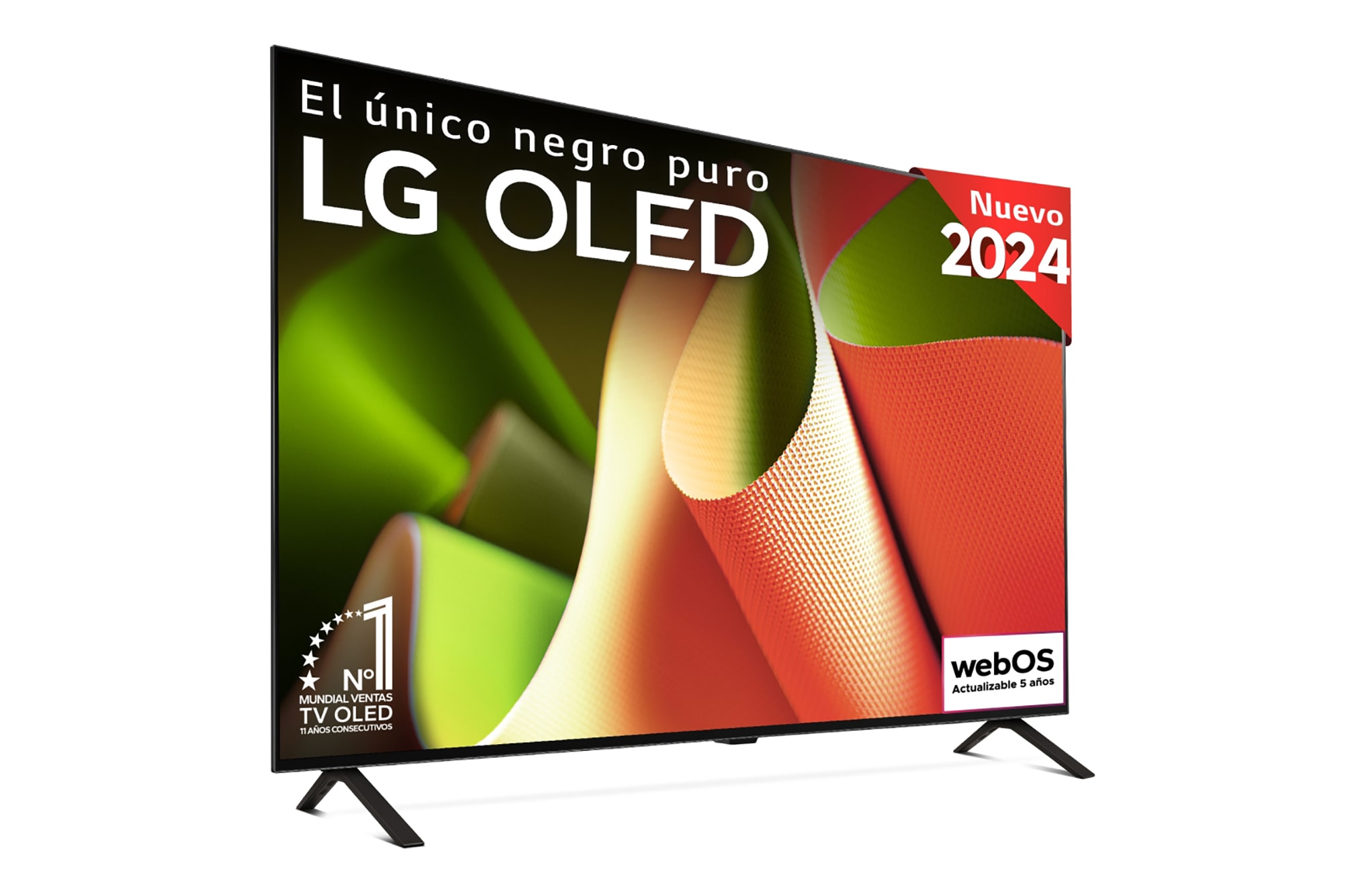 Vista frontal con LG OLED TV, OLED AI B4, emblema 11 Years of world number 1 OLED y logotipo del programa webOS Re:New Program en pantalla con soporte de 2 patas