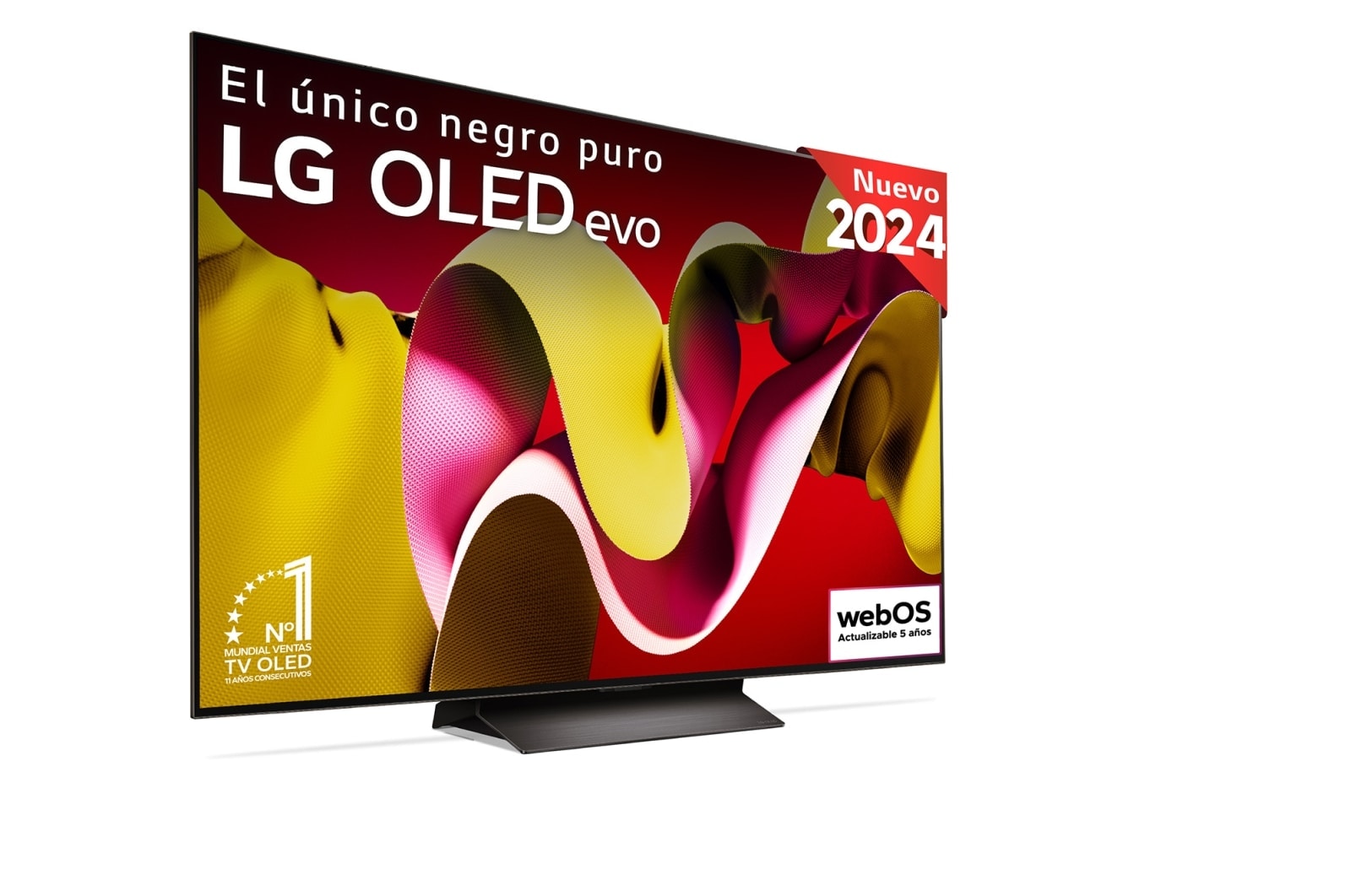 Vista frontal con la televisión LG OLED evo AI, la OLED C4, el logotipo de 11 a?os siendo el número 1 mundial de OLED y el logotipo del programa webOS Re:New en la pantalla, así como la Soundbar debajo