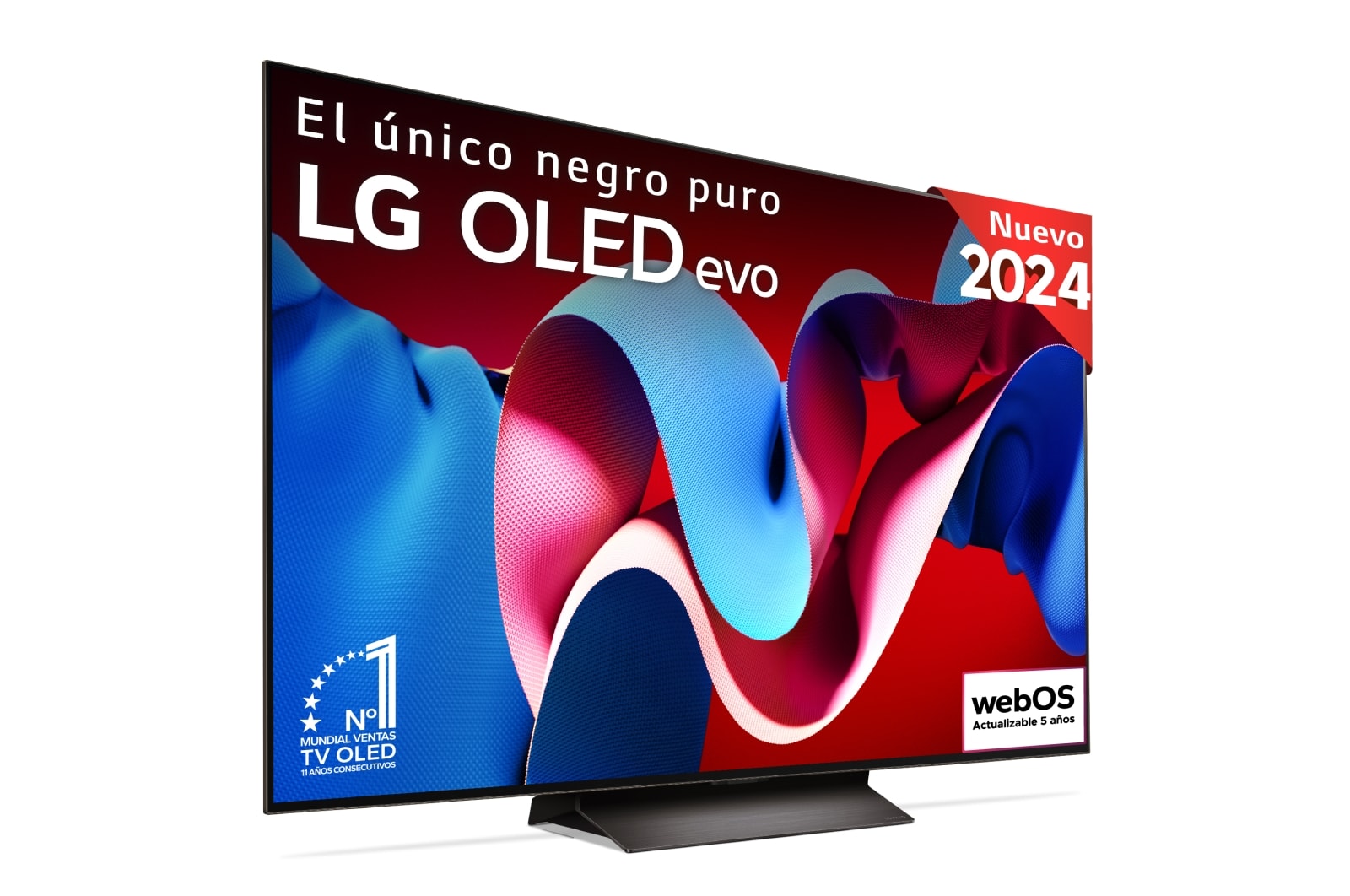 Vista frontal con la televisión LG OLED evo AI, la OLED C4, el logotipo de 11 a?os siendo el número 1 mundial de OLED y el logotipo del programa webOS Re:New en la pantalla, así como la Soundbar debajo