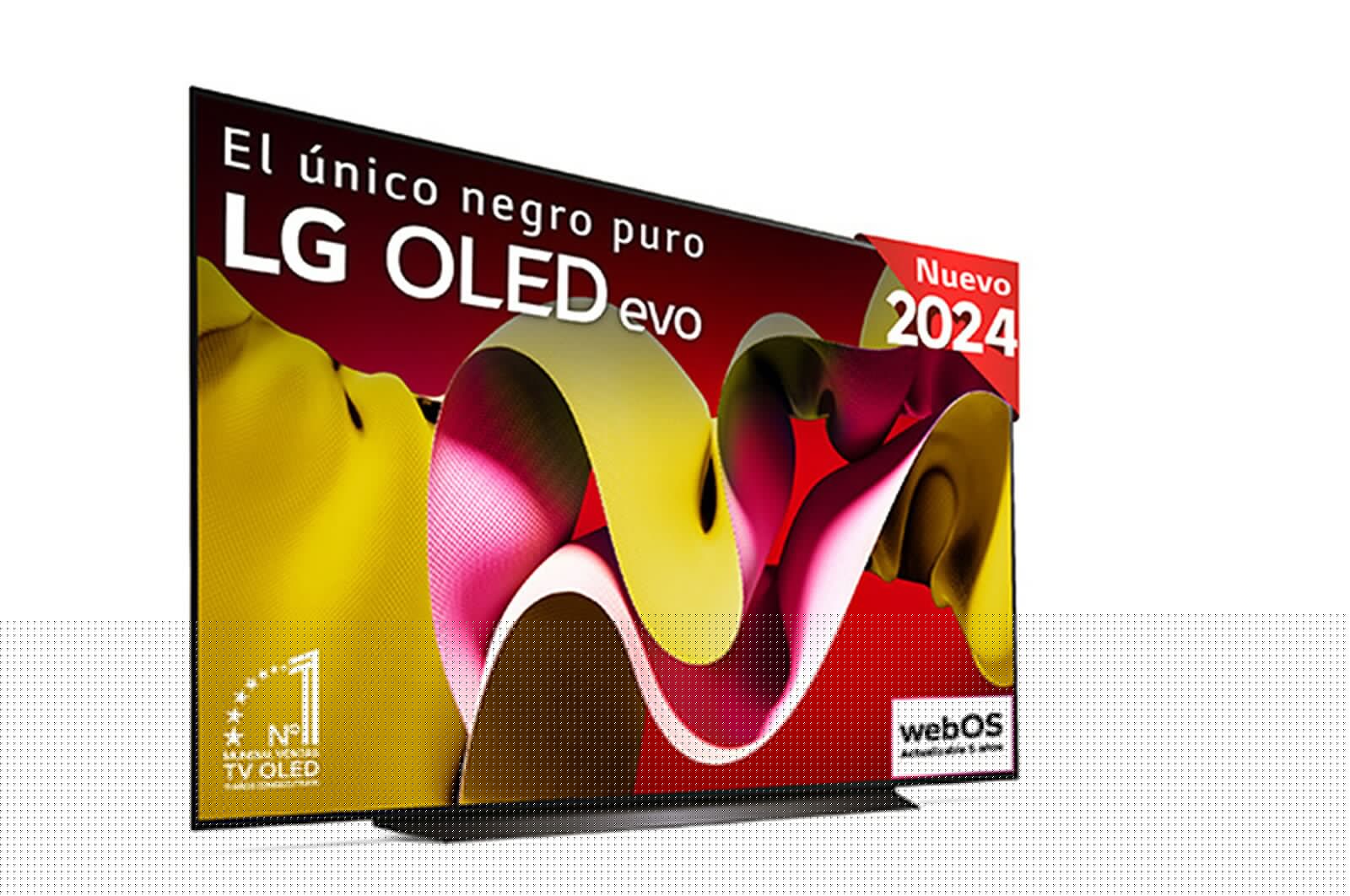 Vista frontal con la televisión LG OLED evo AI, la OLED C4, el emblema de la OLED número 1 del mundo durante 11?a?os y el logotipo del programa webOS Re:New en la pantalla