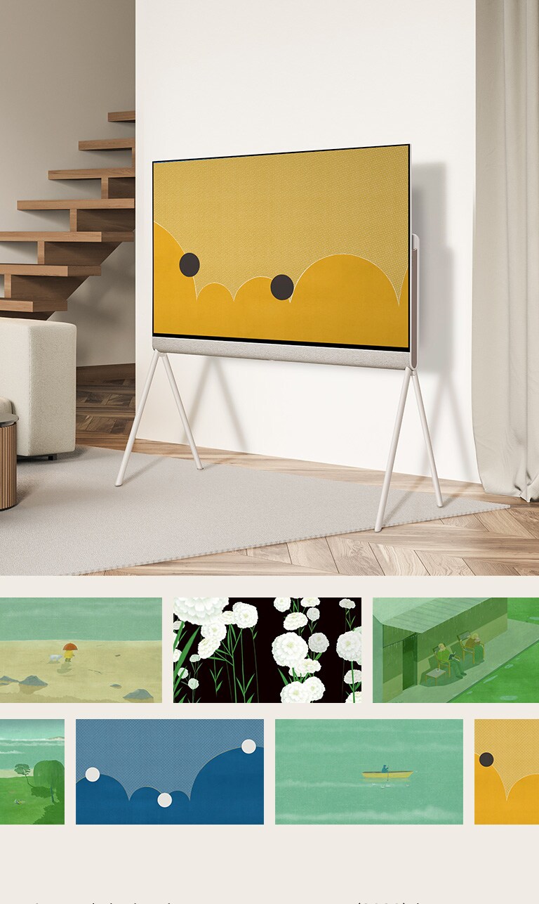 LG OLED evo Posé visto en una sala de estar con una obra de arte azul con círculos naranjas en la pantalla, los círculos rebotan a medida que la obra de arte cambia de azul a amarillo mostaza. A continuación hay diferentes obras de arte para elegir, que incluyen: pareja sentada en el exterior, claveles blancos, ni?o y perro en una playa rocosa, pieza abstracta azul, automóvil con las luces encendidas debajo de un árbol, pieza abstracta negra, narcisos blancos y su sombra, pieza abstracta azul, persona remando en un barco en el mar, pieza abstracta amarillo mostaza, casa en la costa y brotes de hojas en las ramas de los árboles.