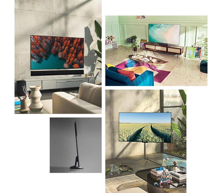 Un TV LG OLED G2 está colgado en la pared de un salón con plantas, una pila de libros y un armario vintage. Un  TV LG OLED G2 está colgado en la pared de una habitación de estilo minimalista junto a una estantería con adornos monocromáticos. Una vista lateral del borde ultrafino del TV LG OLED G2. Un  TV LG OLED G2 está colgado en la pared de una colorida habitación con un planta, un difusor y jarrones. Un primer plano del borde del TV LG OLED G2 ultrafino.
