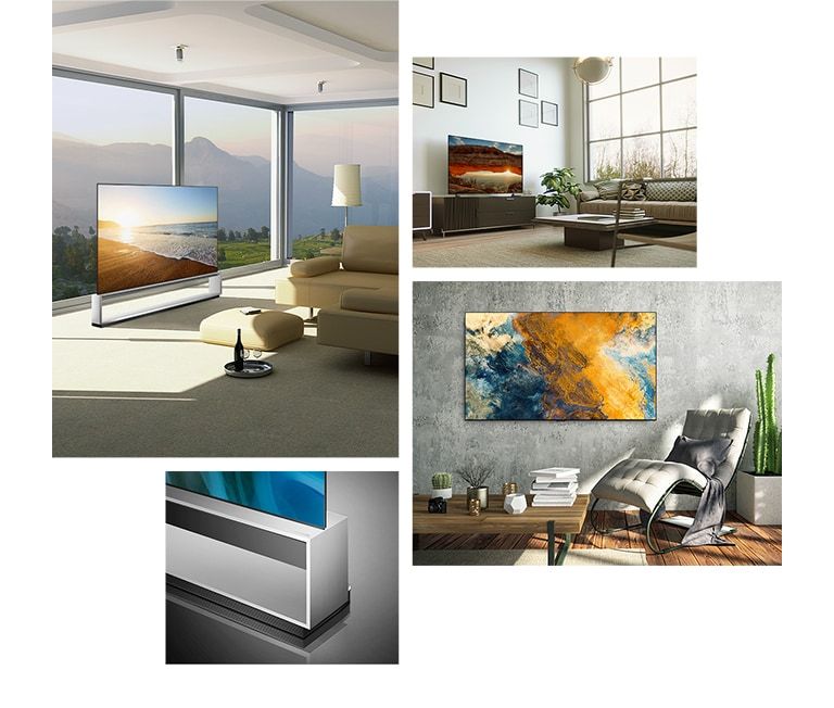 Un TV LG OLED Z2 apoyado en el soporte se encuentra frente a una gran ventana con vistas al campo y a las monta?as. Un TV LG OLED Z2 está sobre el soporte en una sala de estar de tonos tierra con plantas y distinto elementos de decoración. Un TV LG OLED Z2 está colgado en la pared gris de una sala de estar donde hay una mecedora y  cactus. Una vista lateral del soporte del TV LG OLED Z2.