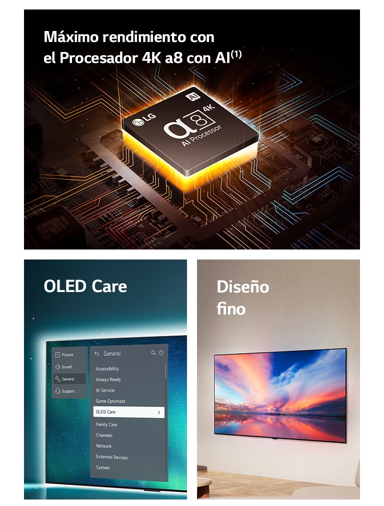 Alpha 8 AI Processor 4K de LG sobre una placa base que emite rayos de luz naranjas.   El televisor OLED con el menú OLED Care se selecciona en el menú de soporte que aparece en la pantalla.  El dise?o minimalista se coloca plano contra la pared en un espacio habitable moderno
