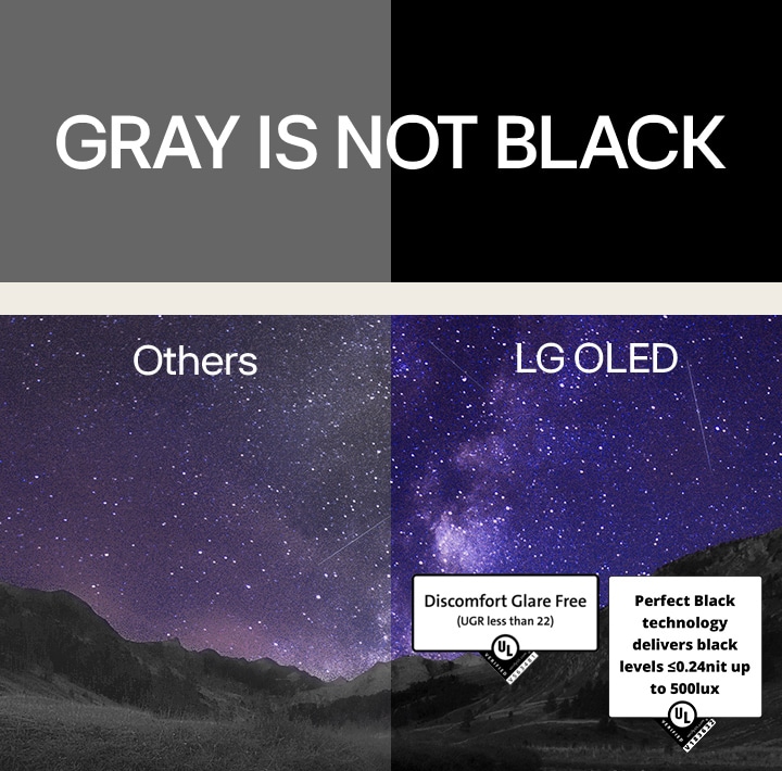 La vía láctea aparece en el cielo nocturno sobre la escena del ca?ón. Encima de la imagen se puede leer en “gris no es negro” escrito en mayúsculas de color blanco ante un fondo negro. La escena se divide en dos partes llamadas “otras” y “LG OLED”. La otra parte está claramente más apagada y con un contraste más flojo, mientras que la de LG OLED brilla y tiene un gran contraste. La parte de LG OLED cuenta además con la certificación Discomfort Glare Free.
