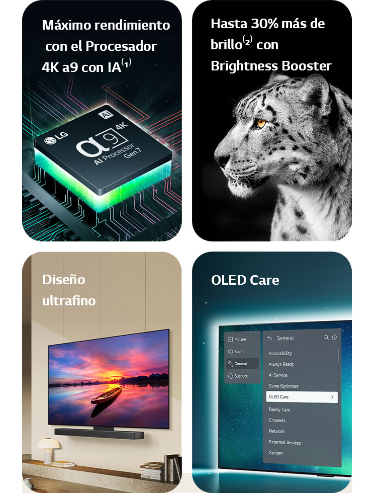 Alpha 9 AI Processor 4K de LG sobre una placa base que emite rayos de luz verdes.   Brightness Booster con una imagen lateral de un leopardo blanco.  Dise?o ultrafino y LG Soundbar montados planos contra la pared en un salón moderno.  El televisor OLED con el menú OLED Care se selecciona en el menú de soporte que aparece en la pantalla.