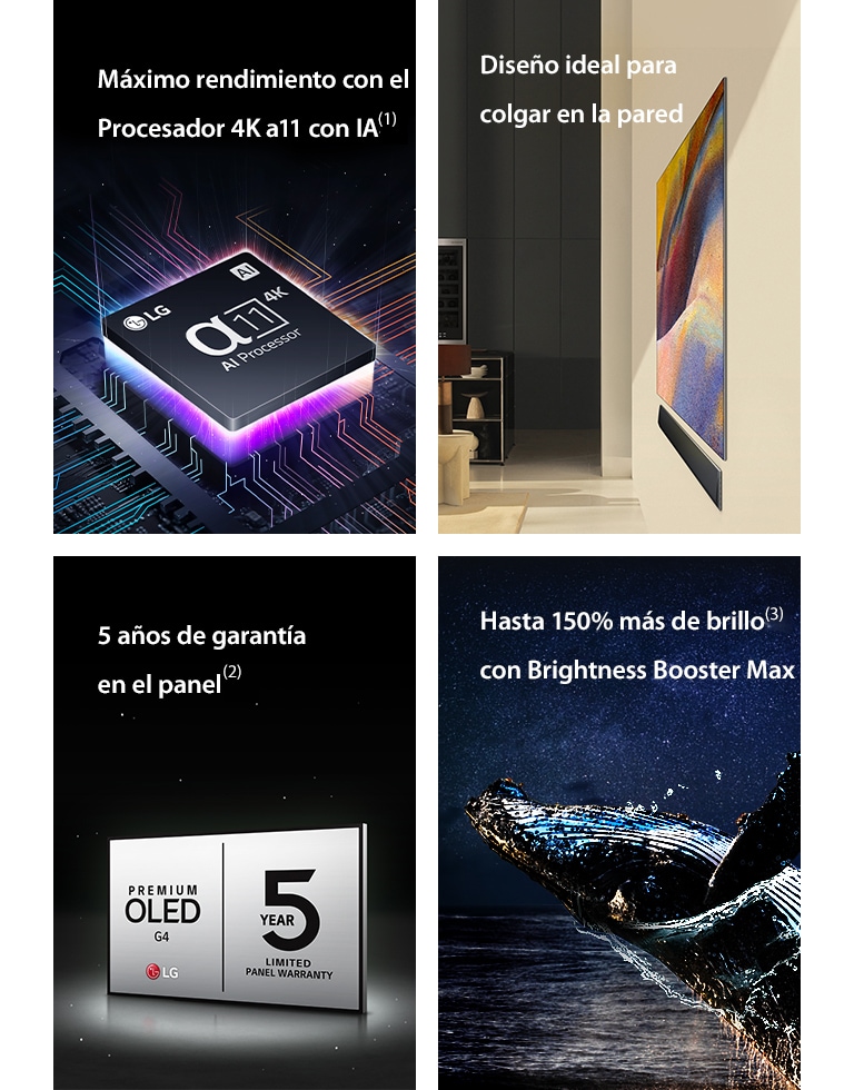 Procesador AI alpha 11 4K de LG sobre una placa base, emitiendo destellos de luz morados y rosa.	  Dise?o en pared de LG OLED G4 y LG Soundbar montada en plano contra la pared de un salón moderno.  Televisor LG OLED Care+ con el logotipo Garantía de 5 a?os sobre un fondo negro.  Brightness Booster Max con una imagen de ballena saltando fuera del agua ante un cielo nocturno estrellado.