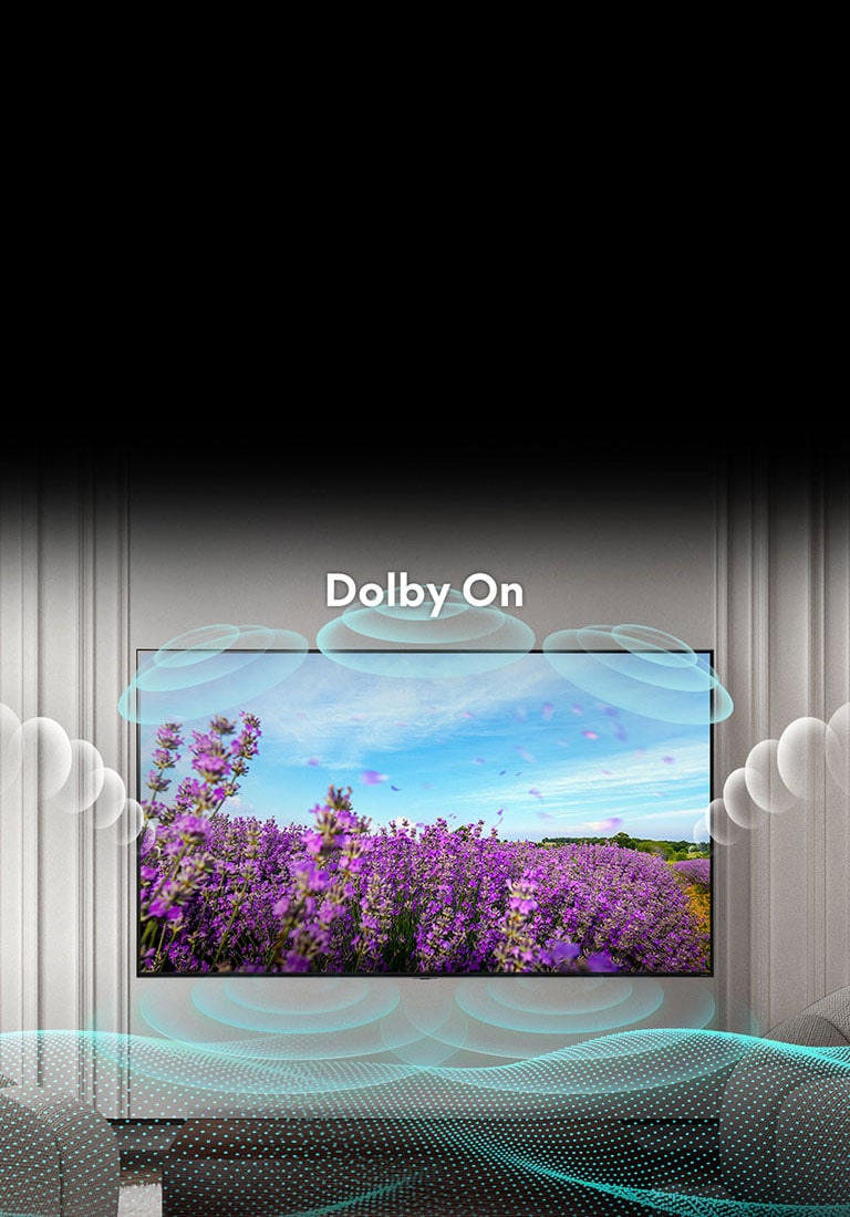 La pantalla del QNED TV muestra unas flores rosas de colza en un campo de verano y en el centro del texto se lee ?Dolby OFF?. La imagen de dentro de la pantalla se vuelve más brillante y el texto cambia a Dolby ON.