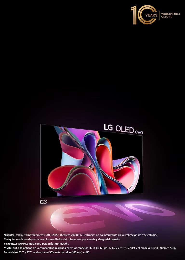 LG OLED G3 evo is shining brightly in a dark space. And on the top right, there is a logo to celebrate the 10th anniversary of OLED.