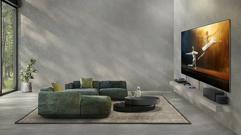 Una imagen en movimiento del LG OLED T en una habitación elegante con el decodificador AV colocado en varios lugares diferentes.