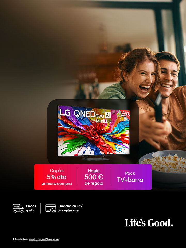 En la pantalla de un televisor  AI hay una imagen abstracta llena de detalles, colores y con un contraste impresionante. Detrás del televisor se puede ver una versión ampliada del procesador alpha 11 AI Gen2 Processor. Brilla una luz que ilumina los circuitos del microchip que lo rodea. El título dice: “LG OLED evo AI”. También se puede ver el texto “impulsado por el procesador LG alpha 11 AI processor Gen2”. En la esquina hay un logo dorado con estrellas que dice: "world's number one OLED TV for 12 years".