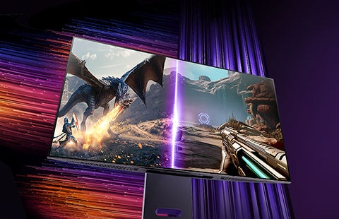 On the split Ultra Gear monitor screen, the left side shows the game image of fighting dinosaurs, while the right side displays the shooting game.