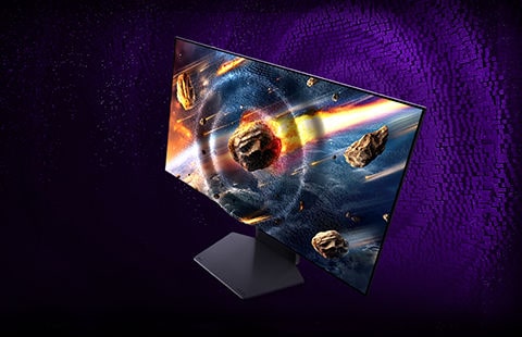 The Ultra Gear monitor is tilted at an angle, and the screen displays an image of Mars falling, with pixel wavelengths shown in the background.