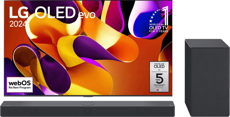 Vista frontal del LG OLED evo TV y la barra de sonido LG.