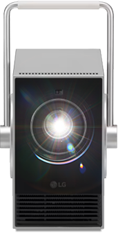 Vista frontal del proyector LG CineBeam Q, mostrando su dise?o compacto y elegante.