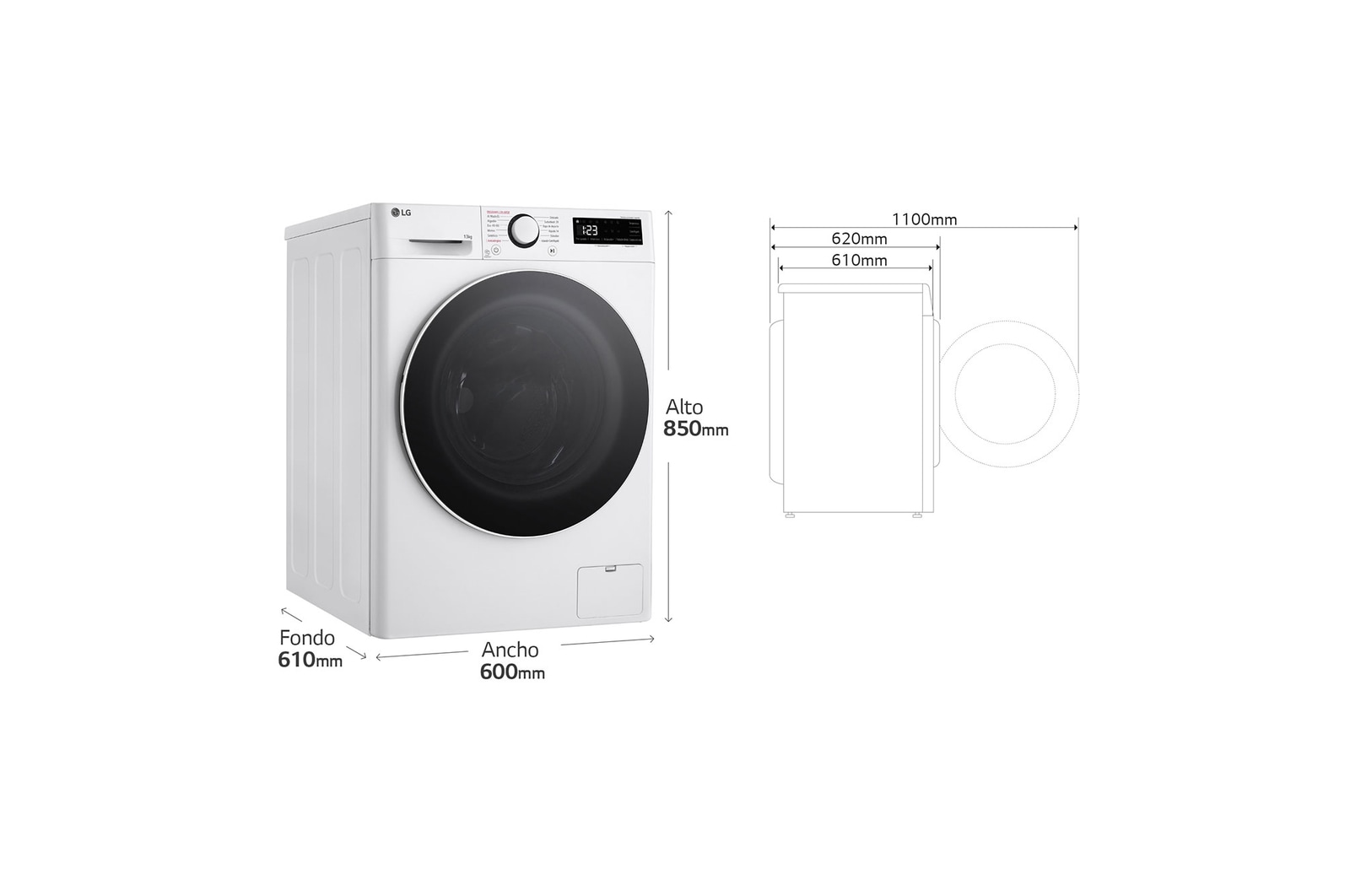 LG Lavadora inteligente AI Direct Drive. TurboWash 360o, Vapor, 13kg , 1400rpm Un 20% más eficiente que A, Serie 600, F4WR6013A0W