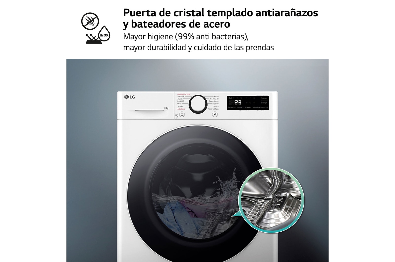 LG Lavadora inteligente AI Direct Drive. TurboWash 360o, Vapor, 13kg , 1400rpm Un 20% más eficiente que A, Serie 600, F4WR6013A0W