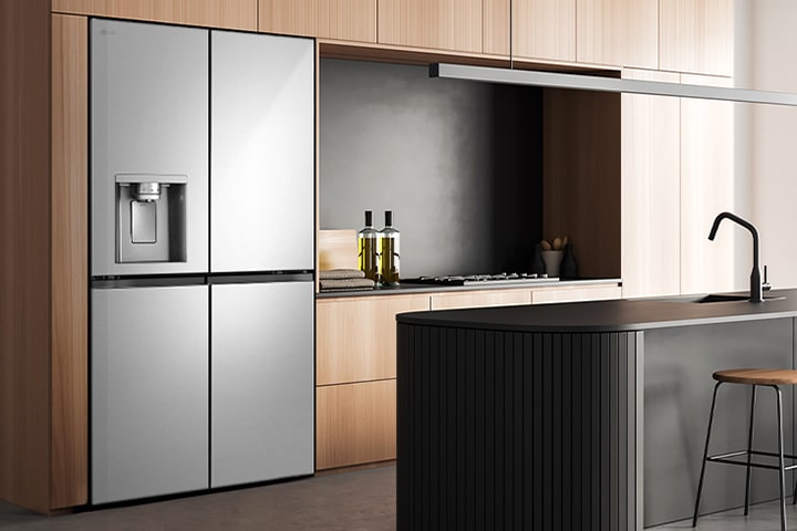 Modern kitchen interior with InstaView fridge.