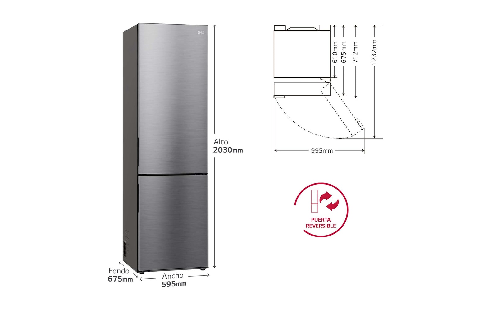 LG Frigorífico Combi Door Cooling+, 2 metros , Clasificación A, capacidad de 419L, Inox antihuellas , serie P-600, GBP62PZNAC