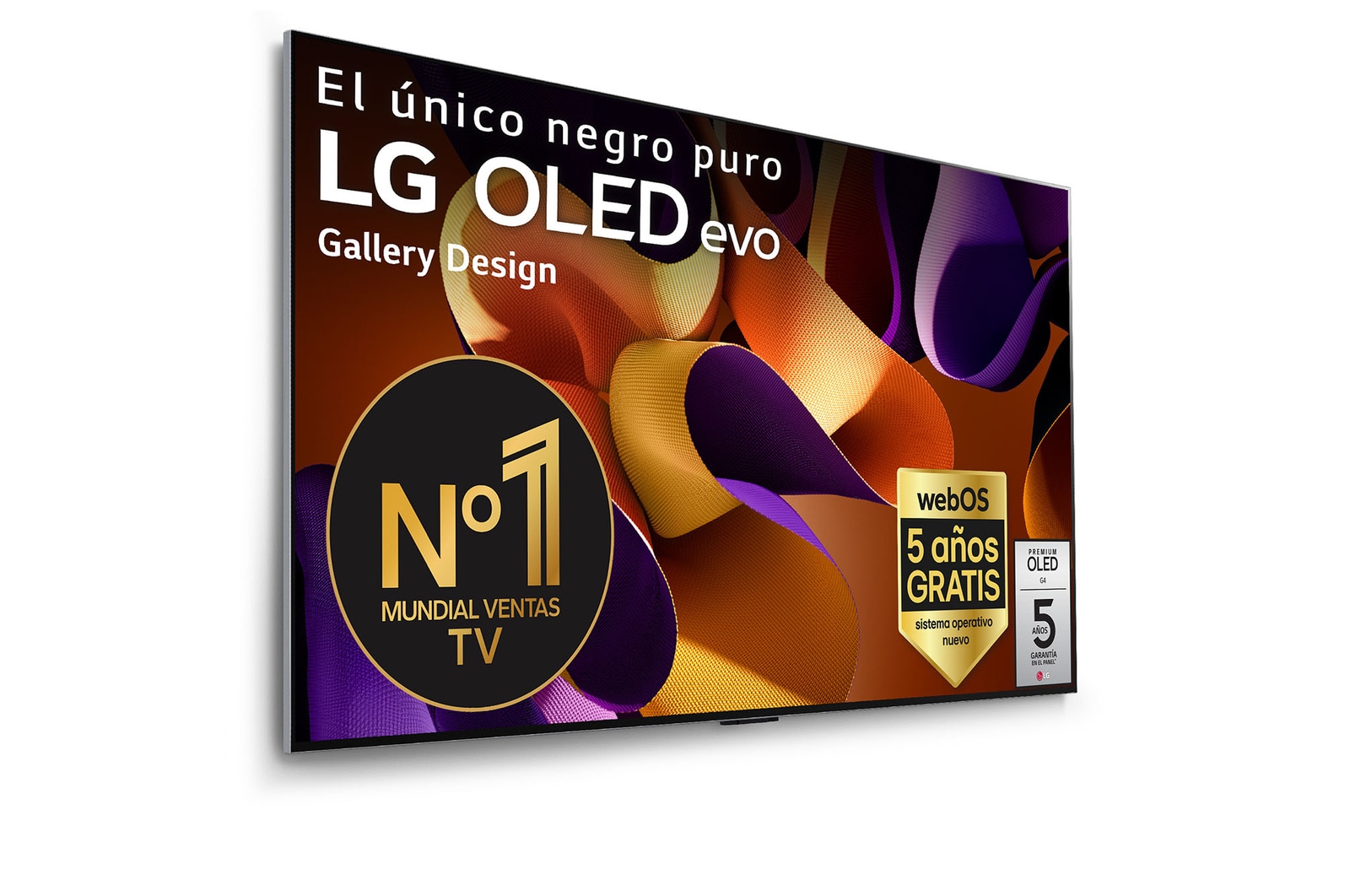Vista frontal de un LG OLED evo AI TV, OLED G4, con el emblema “11 Years of world number 1 OLED”, el logotipo del programa webOS Re:New Program y el logotipo de la Garantía de 5 a?os en pantalla