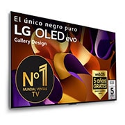 Vista frontal de un LG OLED evo AI TV, OLED G4, con el emblema “11 Years of world number 1 OLED”, el logotipo del programa webOS Re:New Program y el logotipo de la Garantía de 5 a?os en pantalla
