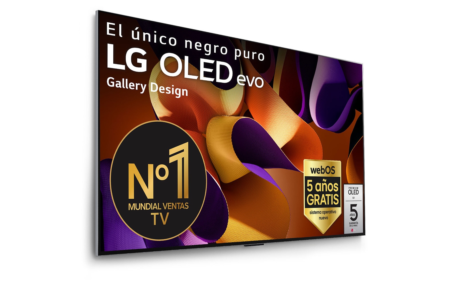 Vista frontal de un LG OLED evo AI TV, OLED G4, con el emblema “11 Years of world number 1 OLED”, el logotipo del programa webOS Re:New Program y el logotipo de la Garantía de 5 a?os en pantalla