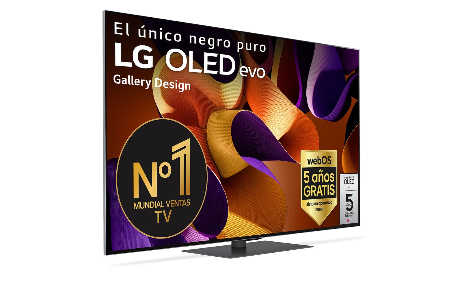 Vista frontal de un LG OLED evo AI TV, OLED G4, con el emblema “11 Years of world number 1 OLED”, el logotipo del programa webOS Re:New Program y el logotipo de la Garantía de 5 a?os en pantalla con la barra de sonido debajo