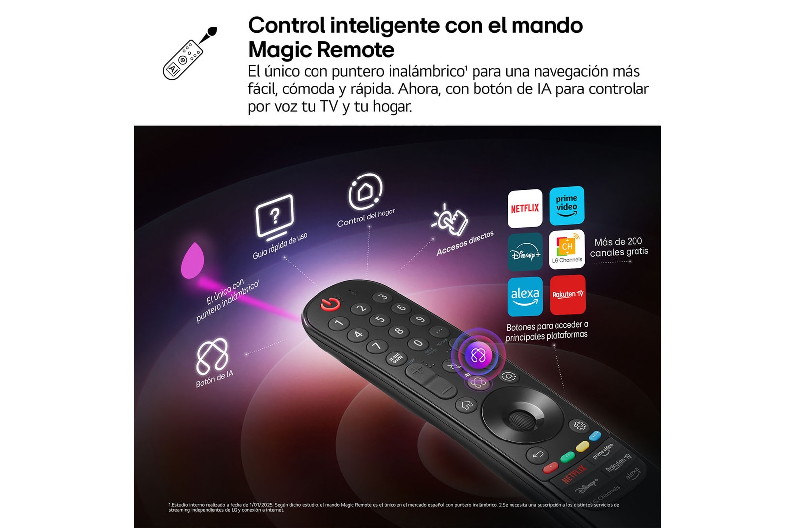 AI Magic Remote de LG en primer plano. El icono del botón AI está resaltado. En el fondo aparece la interfaz de usuario de webOS de LG. El cursor del ratón implica que se está usando el mando a distancia. El texto explica cómo las funciones del mando a distancia y los controles hacen que la navegación en webOS sea más sencilla. 