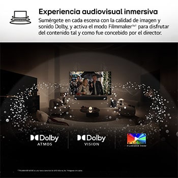 LVista amplia de un salón elegante y colorido. Hay un televisor LG OLED evo AI C5E 4K Smart TV montado en la pared con una LG Soundbar debajo. El dise?o del televisor se integra perfectamente en el espacio. En la pantalla del televisor hay una obra de arte colorida. 