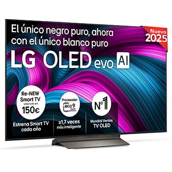Vista frontal del televisor LG OLED evo AI C5 4K Smart TV. En la pantalla aparecen el distintivo “12 Years of world number 1 OLED” y el logotipo LG OLED evo AI 2025.