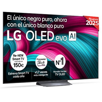 Vista frontal del televisor LG OLED evo AI C5 4K Smart TV. En la pantalla aparecen el distintivo “12 Years of world number 1 OLED” y el logotipo LG OLED evo AI 2025.