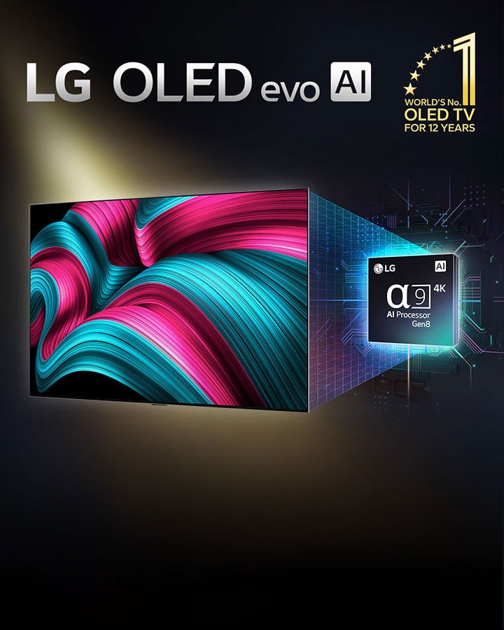En la pantalla de un televisor LG OLED evo AI hay una imagen abstracta con un nivel de detalle, color y contraste impresionantes. Detrás del televisor hay una versión ampliada del procesador alpha 9 AI Gen8. Brilla con luz que ilumina los circuitos de microchips que lo rodean. El título reza LG OLED evo AI. También se ve el texto powered by LG alpha 9 AI Gen8 processor. En la esquina hay un logotipo dorado con estrellas que reza: ?El televisor OLED número uno del mundo durante 12 a?os?. 