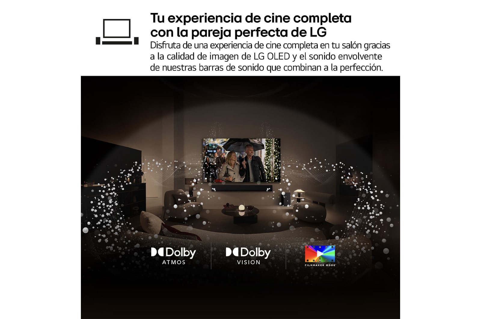 Vista del salón de una lujosa casa. Un hombre está viendo una película en su televisor LG OLED TV montado en la pared. El dise?o del televisor combina a la perfección con la pared y el estilo del salón.