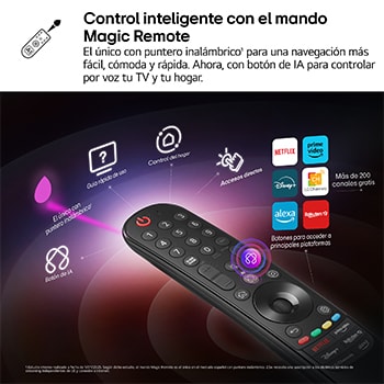 AI Magic Remote de LG en primer plano. El icono del botón AI está resaltado. En el fondo aparece la interfaz de usuario de webOS de LG. El cursor del ratón implica que se está usando el mando a distancia. El texto explica cómo las funciones del mando a distancia y los controles hacen que la navegación en webOS sea más sencilla. 