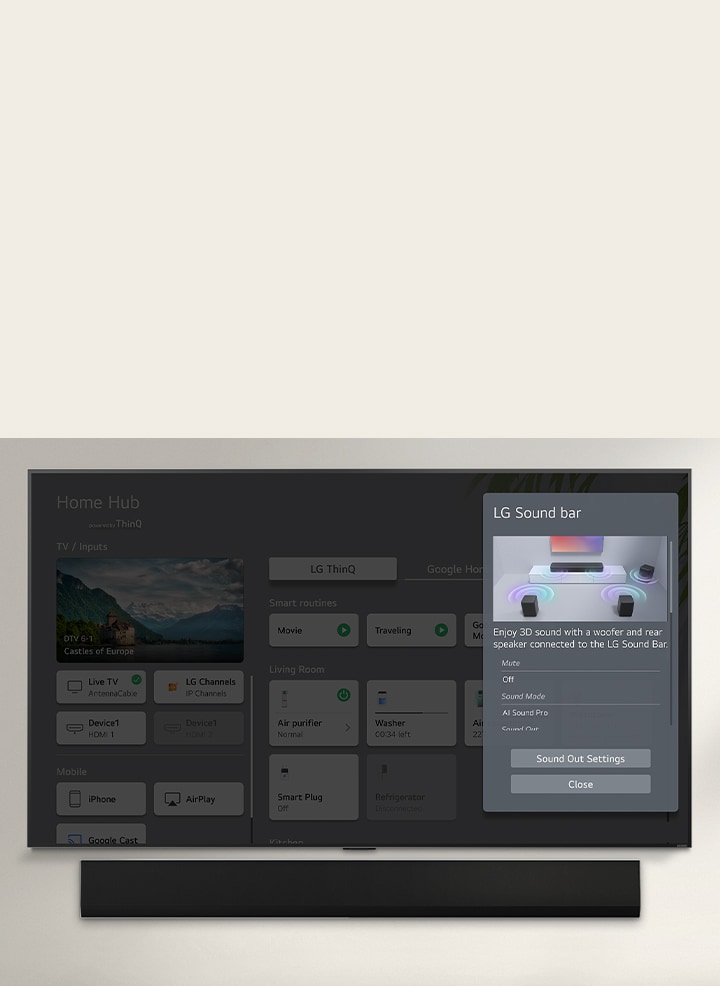 La barra de sonido LG está debajo de un televisor LG OLED. En la pantalla del televisor está la interfaz de usuario de la barra de sonido y los controles de volumen del televisor. 	