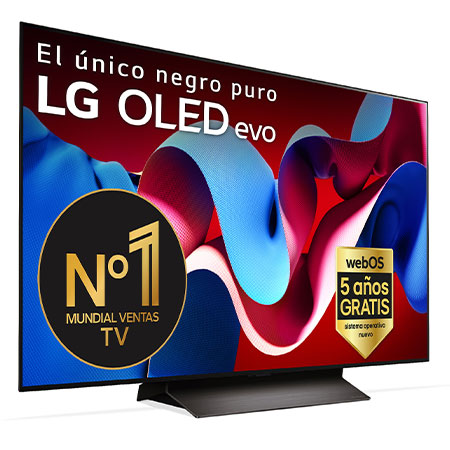 Vista frontal con la televisión LG OLED evo AI, la OLED C4, el logotipo de 11 a?os siendo el número 1 mundial de OLED y el logotipo del programa webOS Re:New en la pantalla, así como la Soundbar debajo