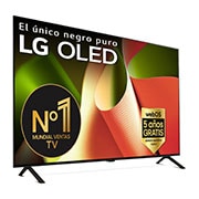 Vista frontal con LG OLED TV, OLED AI B4, emblema 11 Years of world number 1 OLED y logotipo del programa webOS Re:New Program en pantalla con soporte de 2 patas