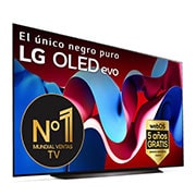 Vista frontal con la televisión LG OLED evo AI, la OLED C4, el emblema de la OLED número 1 del mundo durante 11?a?os y el logotipo del programa webOS Re:New en la pantalla