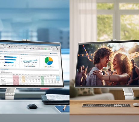 En la imagen de la izquierda, el LG Smart TV Swing&Go Touch en una oficina muestra varios gráficos, mientras que en la imagen de la derecha, está en un hogar reproduciendo una película.