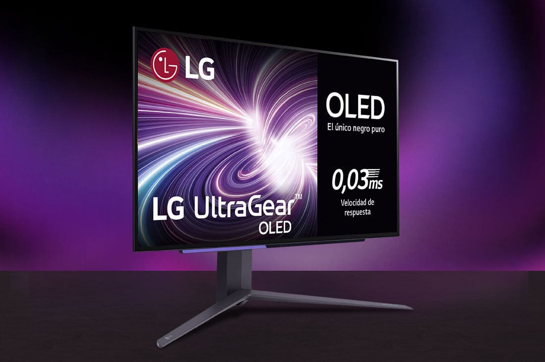 Monitor LG UltraGear 27GS95QX con pantalla plana y base negra.
