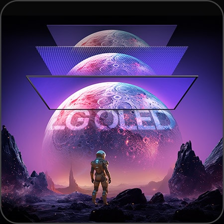 OLED-sk?rm med uppdateringsfrekvens p? 480?Hz, som visar ett kosmiskt landskap med planeter och en astronaut.